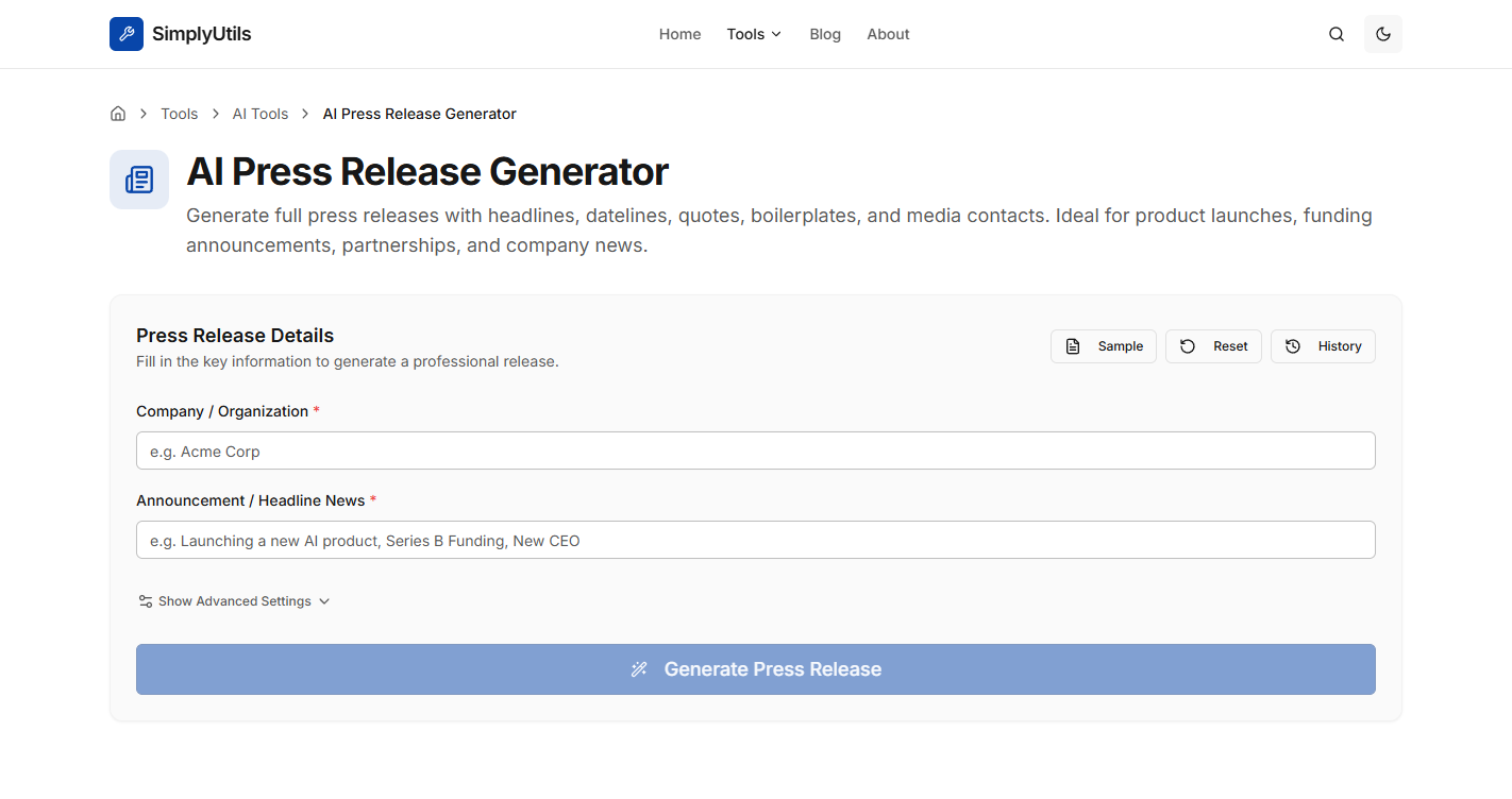 Free AI Press Release Generator | Write Professional PRs | SimplyUtils