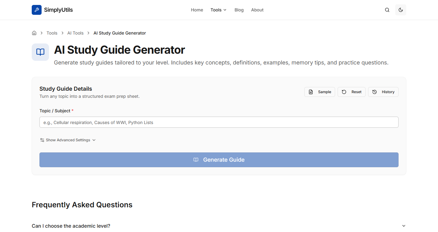 Free AI Study Guide Generator | Ace Your Exams | SimplyUtils