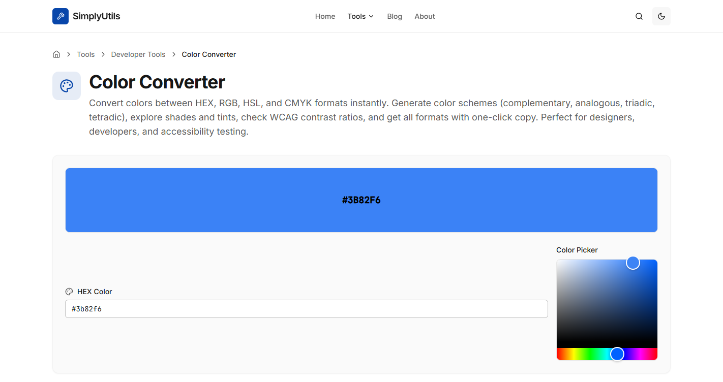 Free Color Converter | HEX, RGB, HSL, CMYK & Contrast | SimplyUtils