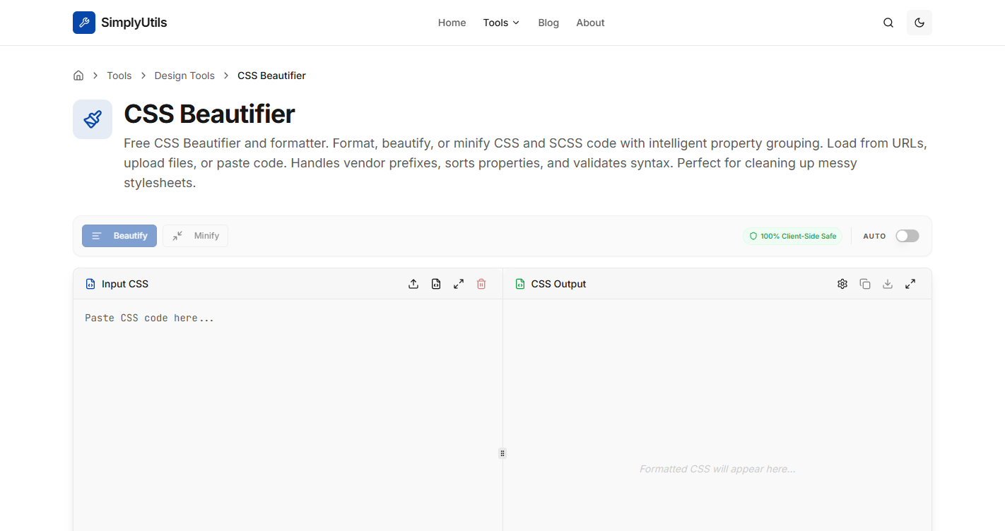 Css Beautify CSS Beautifier & Minifier | Format SCSS Online Free | SimplyUtils