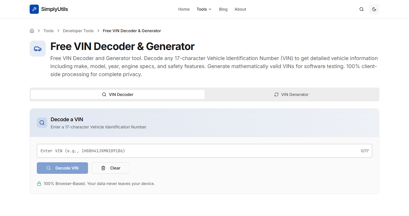 Free Online VIN Decoder | Decode 17-Character VINs Instantly | SimplyUtils